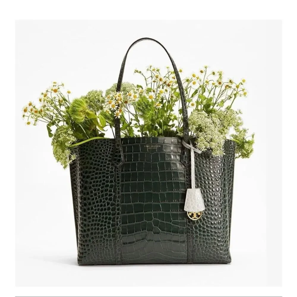 Tory Burch Perry Deep Kelp Green Embossed Triple Compartment Tote Bag
